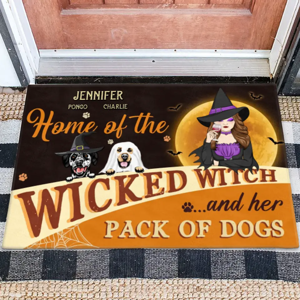 Personalized Halloween Witch Dog Doormat - Gift Idea For Family/Pet Lover - Up to 7 Dogs - Home Of The Wicked Witch And Her Pack Of Dogs