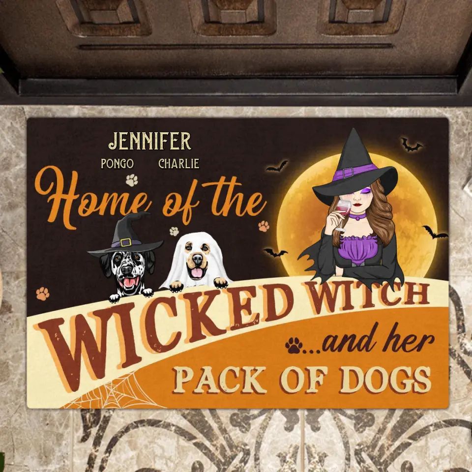 Personalized Halloween Witch Dog Doormat - Gift Idea For Family/Pet Lover - Up to 7 Dogs - Home Of The Wicked Witch And Her Pack Of Dogs
