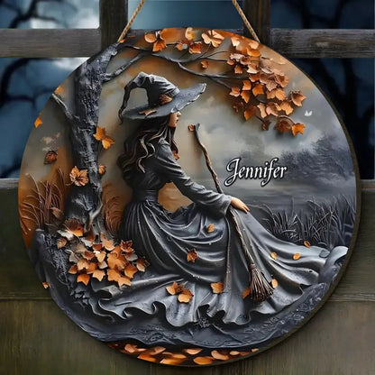 Personalized Witch Broom Circle Wooden Sign - Halloween/Birthday Gift Idea For Yourself, Women, Witch Lovers