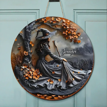 Personalized Witch Broom Circle Wooden Sign - Halloween/Birthday Gift Idea For Yourself, Women, Witch Lovers