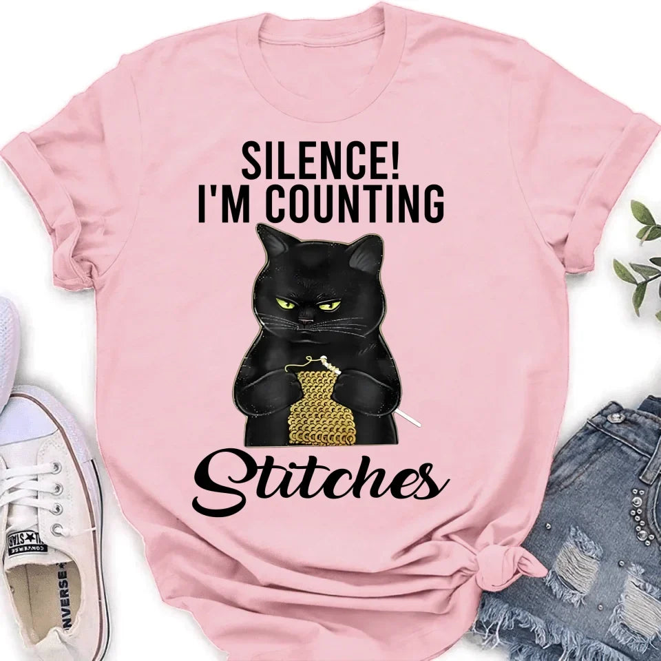Personalized Cat T-shirt/Long Sleeve/Sweatshirt/Hoodie - Gift Idea For Knitting Lover - Silence I'm Counting Stitches