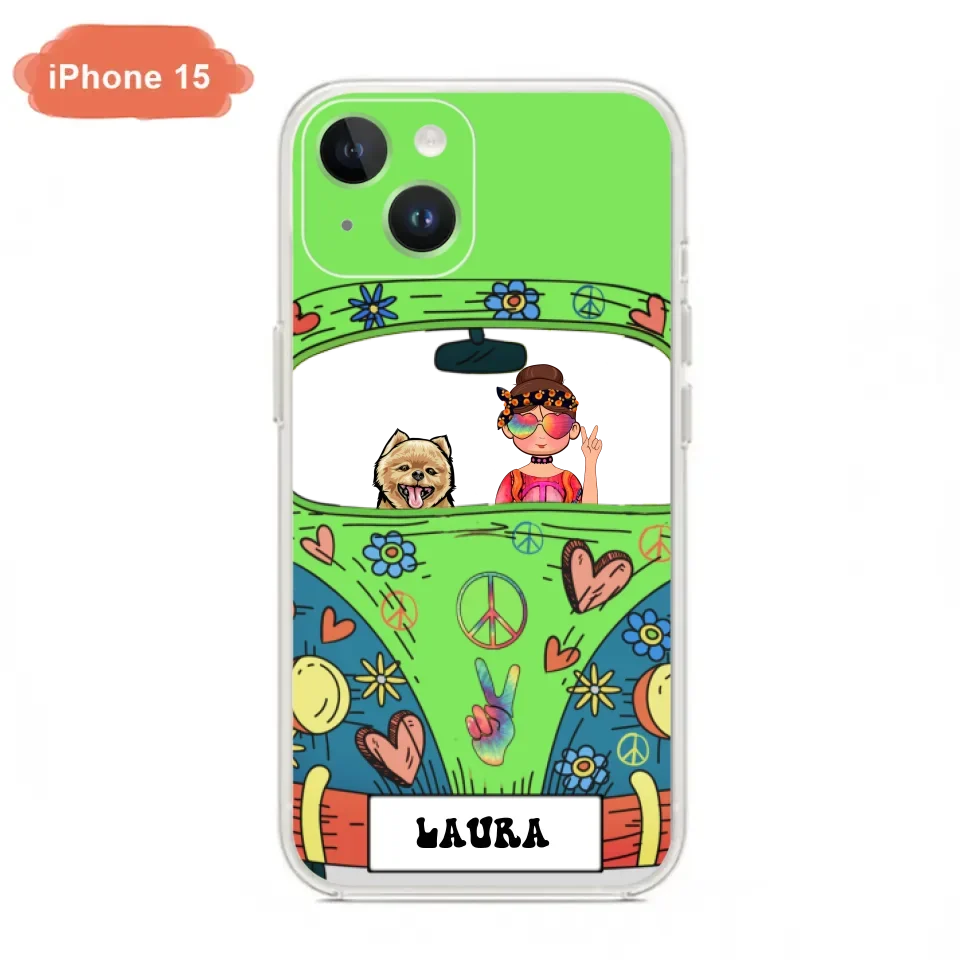 Personalized Hippie Girl Phone Case - Girl with up to 3 Pets - Case for iPhone, Samsung and Xiaomi