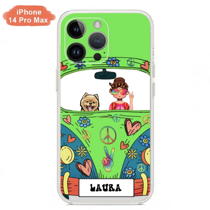 Personalized Hippie Girl Phone Case - Girl with up to 3 Pets - Case for iPhone, Samsung and Xiaomi