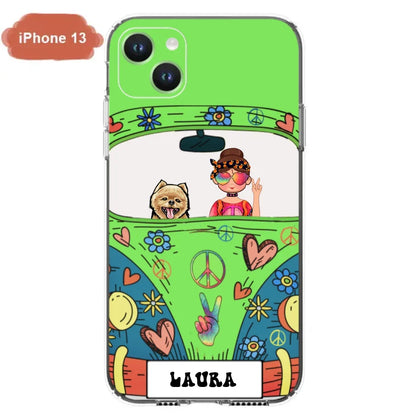 Personalized Hippie Girl Phone Case - Girl with up to 3 Pets - Case for iPhone, Samsung and Xiaomi