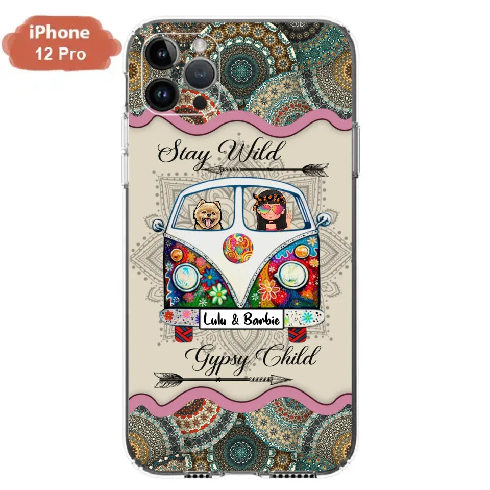 Personalized Hippie Phone Case - Girl with up to 3 Pets - Stay wild gypsy child