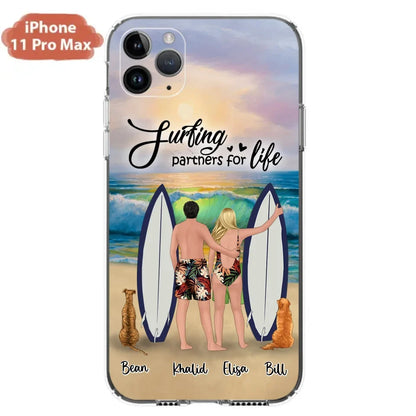 Custom Personalized Surfing Phone Case - Couple And 2 Pets - Phone Case For iPhone and Samsung - Surfing Partners For Life - CCS180