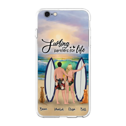 Custom Personalized Surfing Phone Case - Couple And 2 Pets - Phone Case For iPhone and Samsung - Surfing Partners For Life - CCS180