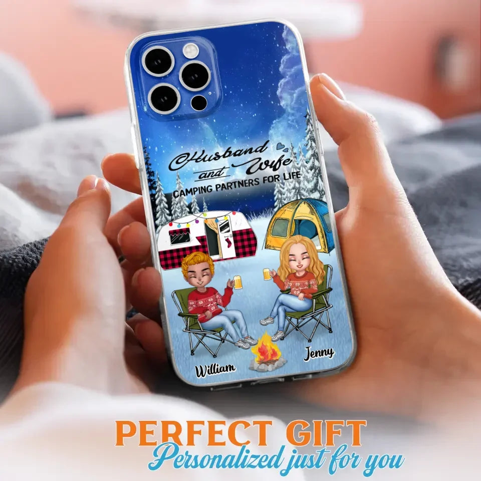Personalized Camping Couple Xmas Phone Case - Christmas Gift For Couple/Camping Lover/ Dog Lover - Couple With Up to 4 Dogs - Husband And Wife Camping Partners For Life - Case For iPhone And Samsung