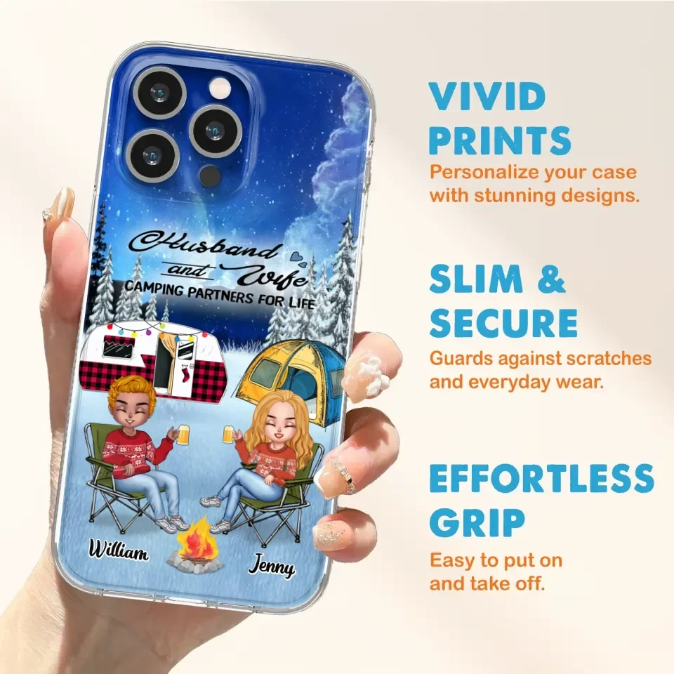 Personalized Camping Couple Xmas Phone Case - Christmas Gift For Couple/Camping Lover/ Dog Lover - Couple With Up to 4 Dogs - Husband And Wife Camping Partners For Life - Case For iPhone And Samsung
