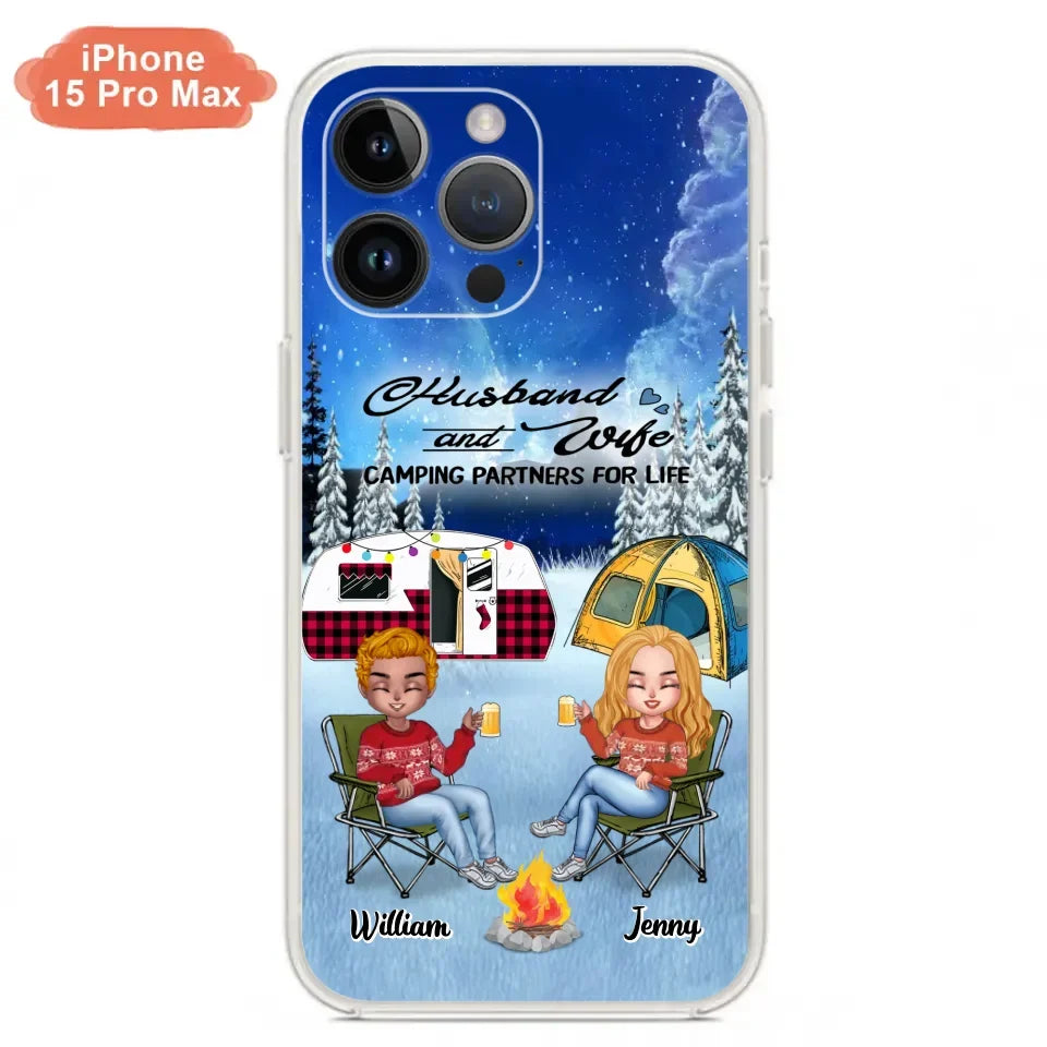 Personalized Camping Couple Xmas Phone Case - Christmas Gift For Couple/Camping Lover/ Dog Lover - Couple With Up to 4 Dogs - Husband And Wife Camping Partners For Life - Case For iPhone And Samsung