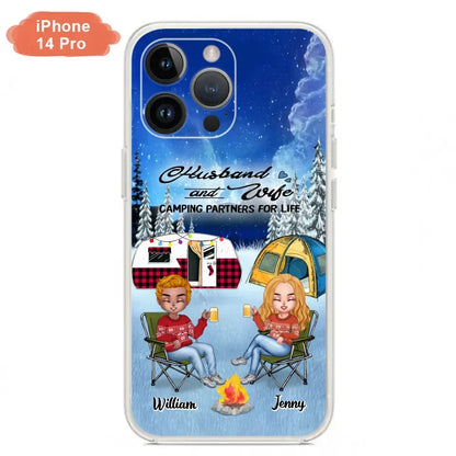 Personalized Camping Couple Xmas Phone Case - Christmas Gift For Couple/Camping Lover/ Dog Lover - Couple With Up to 4 Dogs - Husband And Wife Camping Partners For Life - Case For iPhone And Samsung