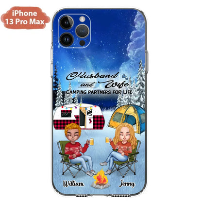 Personalized Camping Couple Xmas Phone Case - Christmas Gift For Couple/Camping Lover/ Dog Lover - Couple With Up to 4 Dogs - Husband And Wife Camping Partners For Life - Case For iPhone And Samsung