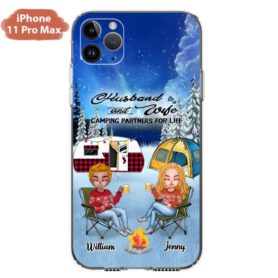 Personalized Camping Couple Xmas Phone Case - Christmas Gift For Couple/Camping Lover/ Dog Lover - Couple With Up to 4 Dogs - Husband And Wife Camping Partners For Life - Case For iPhone And Samsung