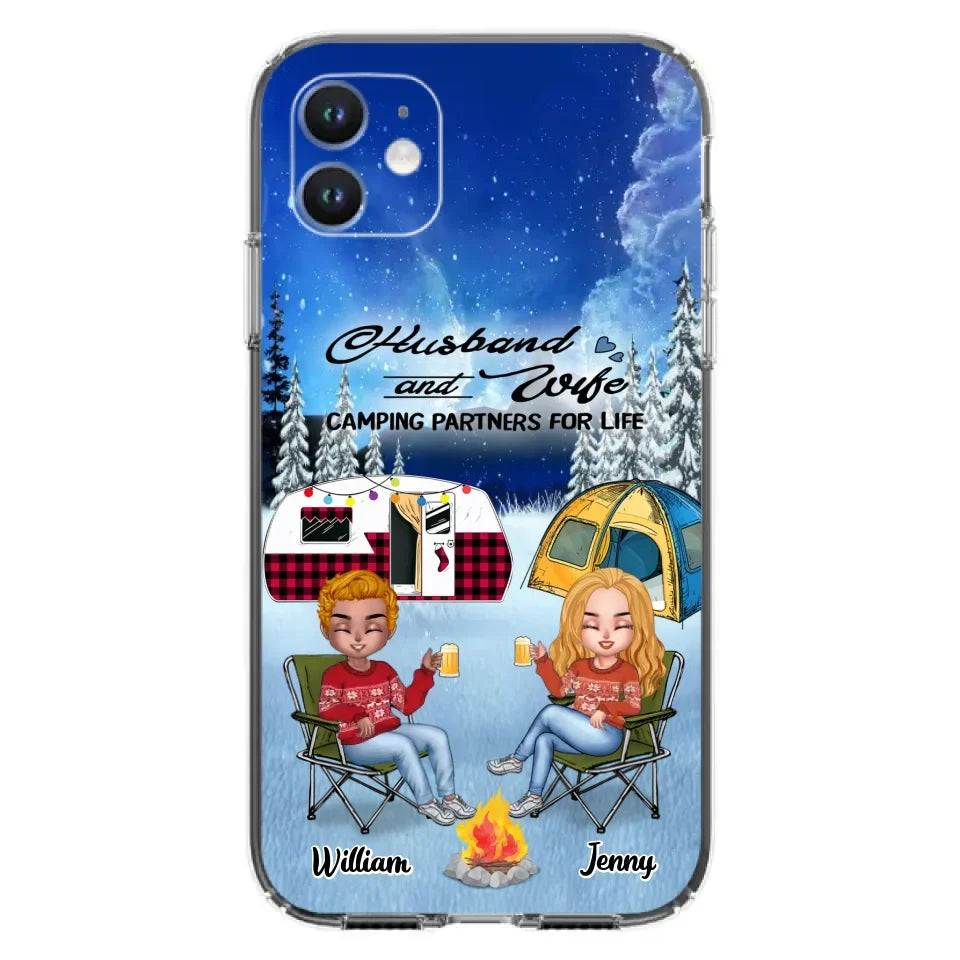 Personalized Camping Couple Xmas Phone Case - Christmas Gift For Couple/Camping Lover/ Dog Lover - Couple With Up to 4 Dogs - Husband And Wife Camping Partners For Life - Case For iPhone And Samsung