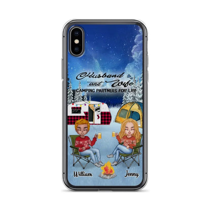 Personalized Camping Couple Xmas Phone Case - Christmas Gift For Couple/Camping Lover/ Dog Lover - Couple With Up to 4 Dogs - Husband And Wife Camping Partners For Life - Case For iPhone And Samsung