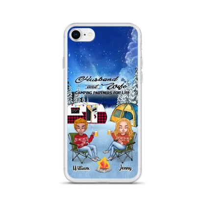 Personalized Camping Couple Xmas Phone Case - Christmas Gift For Couple/Camping Lover/ Dog Lover - Couple With Up to 4 Dogs - Husband And Wife Camping Partners For Life - Case For iPhone And Samsung