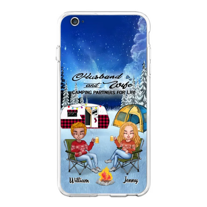 Personalized Camping Couple Xmas Phone Case - Christmas Gift For Couple/Camping Lover/ Dog Lover - Couple With Up to 4 Dogs - Husband And Wife Camping Partners For Life - Case For iPhone And Samsung