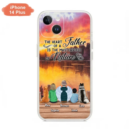 Custom Personalized Father Fishing Phone Case - Father With Up to 2 Kids And 2 Pets - Gift Idea For Father/ Fishing Lover - The Heart Of A Father Is The Masterpiece Of Nature - Case For iPhone And Samsung