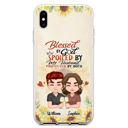 Custom Personalized Chibi Couple Phone Case - Gift Idea For Couple - Blessed By God, Spoiled By My Husband, Protected By Both - Case For iPhone & Samsung