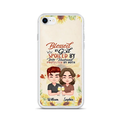 Custom Personalized Chibi Couple Phone Case - Gift Idea For Couple - Blessed By God, Spoiled By My Husband, Protected By Both - Case For iPhone & Samsung