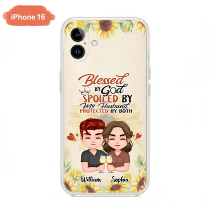 Custom Personalized Chibi Couple Phone Case - Gift Idea For Couple - Blessed By God, Spoiled By My Husband, Protected By Both - Case For iPhone & Samsung