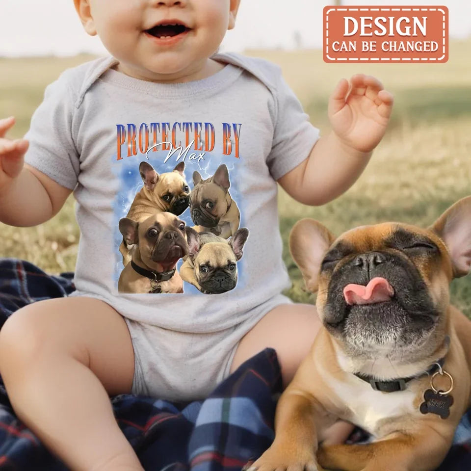 Personalized Protected Baby Onesie - Upload Dog's Photo up to 4 Photos - Enter Dog's Name