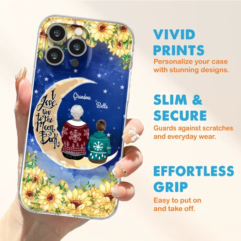 Personalized Grandma & Grandchilds Sitting On Moon Phone Case - Up to 3 Kids - Gift Idea For Grandma - I Love You To The Moon And Back - Cases For iPhone & Samsung