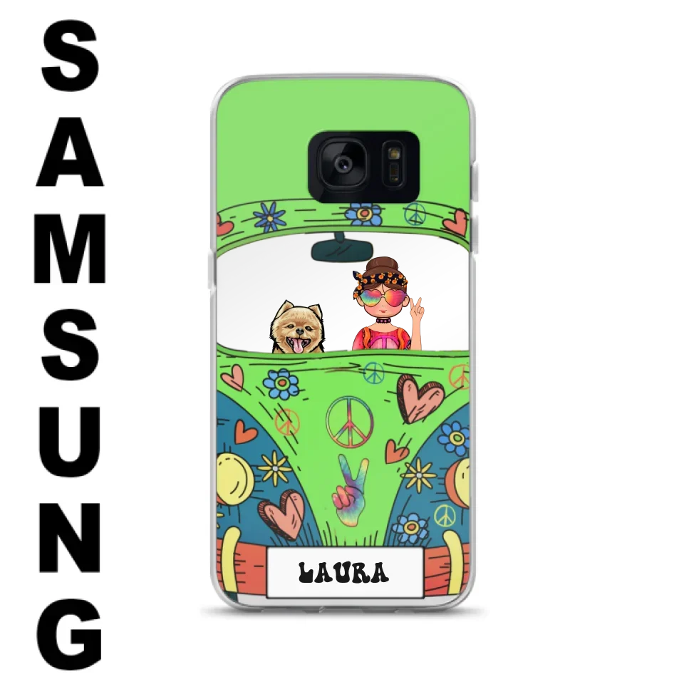 Personalized Hippie Girl Phone Case - Girl with up to 3 Pets - Case for iPhone, Samsung and Xiaomi
