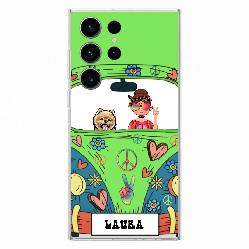 Personalized Hippie Girl Phone Case - Girl with up to 3 Pets - Case for iPhone, Samsung and Xiaomi