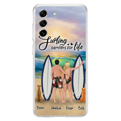 Custom Personalized Surfing Phone Case - Couple And 2 Pets - Phone Case For iPhone and Samsung - Surfing Partners For Life - CCS180