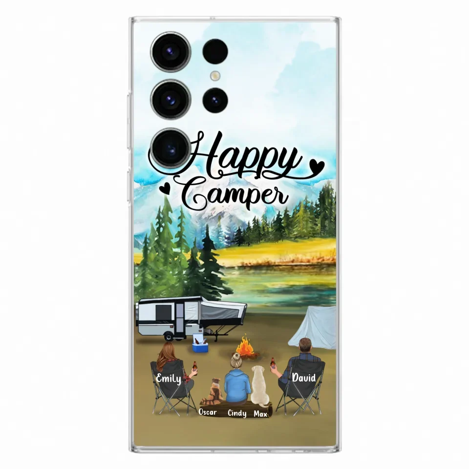 Personalized Camping Phone Case - Parents With 1 Kids And 2 Pets - Best Gift For Family - Happy Camper - Case For iPhone And Samsung