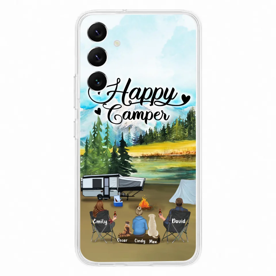 Personalized Camping Phone Case - Parents With 1 Kids And 2 Pets - Best Gift For Family - Happy Camper - Case For iPhone And Samsung