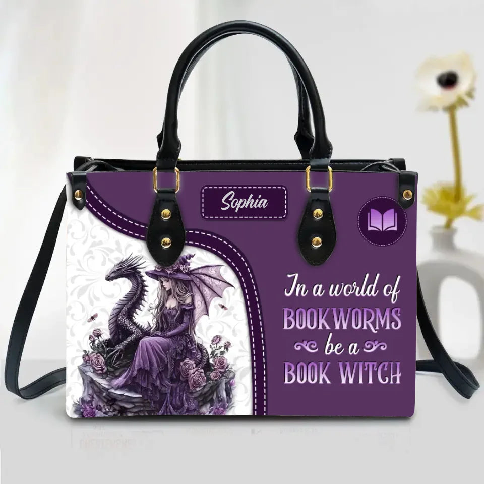 Personalized Witch Dragon PU Leather Handbag With Long Straps - Gift Idea For Halloween/Witch/Book Lover - In A World Of Book Worms Be a Book Witch