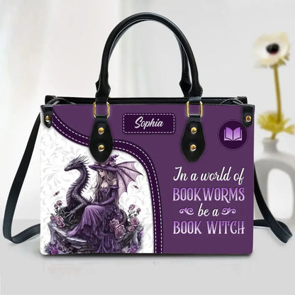 Personalized Witch Dragon PU Leather Handbag With Long Straps - Gift Idea For Halloween/Witch/Book Lover - In A World Of Book Worms Be a Book Witch