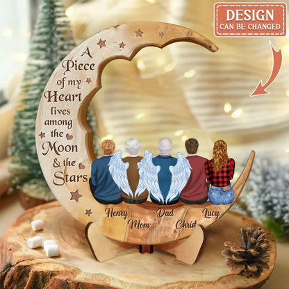 Personalized Memorial Family Moon Wooden Art - Memorial Gift Idea For Parent/Husband/Wife/Siblings - Up to 7 People - I Love You Past The Moon And Miss You Beyond The Stars