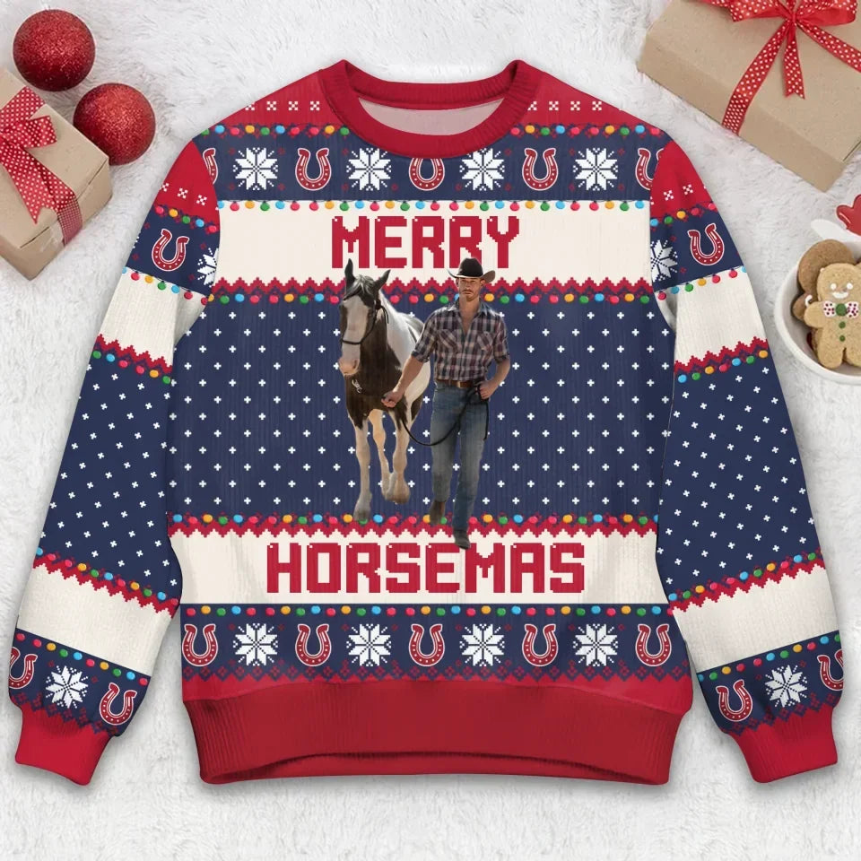 Personalized Merry Horsemas Ugly Sweater - Christmas Gift Idea For Horse Lover - Upload Photo