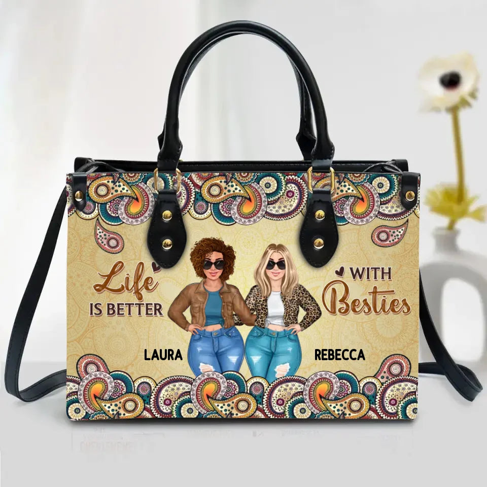 Personalized Besties PU Leather Handbag with Long Straps - Gift Idea For Friends/Besties/Birthday - Life Is Better With Besties