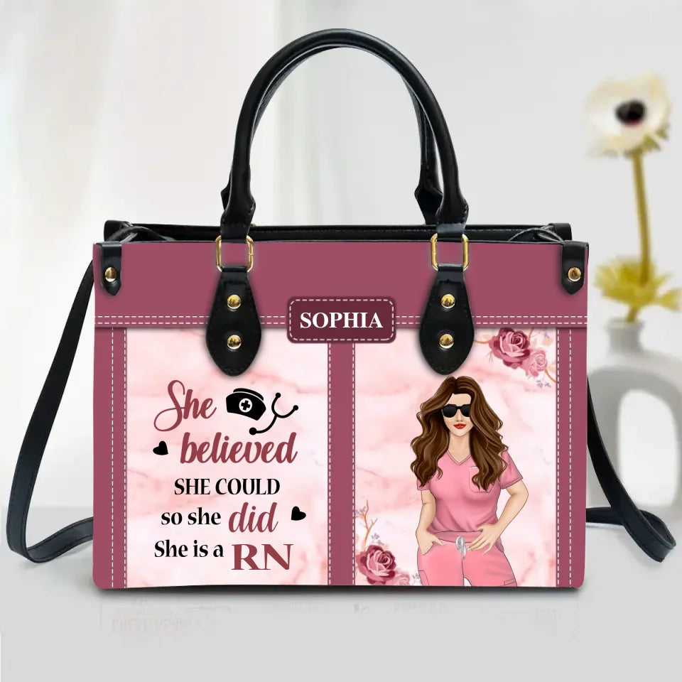 Personalized Nurse PU Leather Handbag With Long Straps - Gift Idea For Nurse/Mother/Daughter - She Believed She Could, So She Did