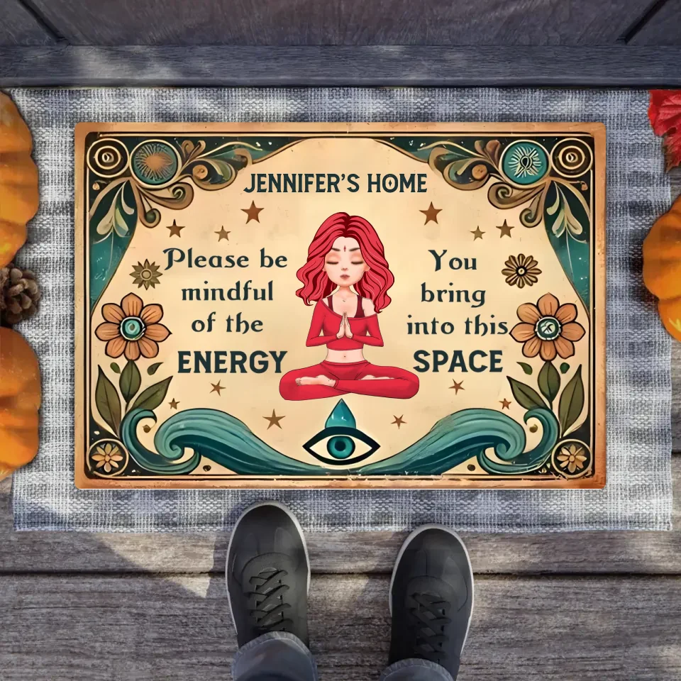 Personalized Yoga Doormat - Gift Idea for Yoga Lovers - Please Be Mindful of The Energy You Bring Into This Space
