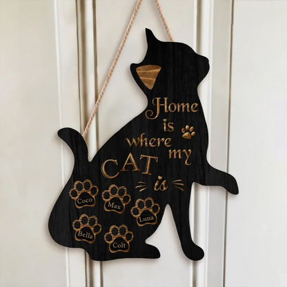 Personalized Cat Wooden Sign - Gift Idea For Cat Owners - Home Is Where My Cat Is