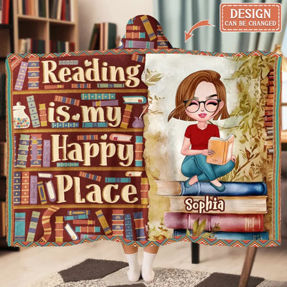 Personalized Reading Book Hooded Blanket - Gift Idea For Birthday/Reading Lovers - Reading Is My Happy Place