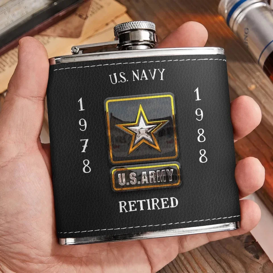 Personalized Retired Veteran Leather Flask - Father's Day Gift Idea for Veteran