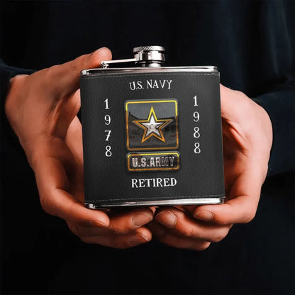 Personalized Retired Veteran Leather Flask - Father's Day Gift Idea for Veteran