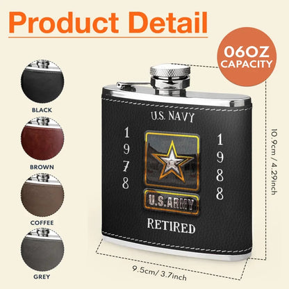Personalized Retired Veteran Leather Flask - Father's Day Gift Idea for Veteran