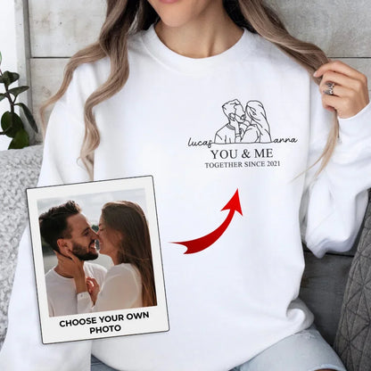 Personalized Couple Portrait Embroidered T-shirt/Sweater/Hoodie - Photo To Line Drawing - Valentine's Day/Anniversary Gift Idea For Couple - You & Me Together Since