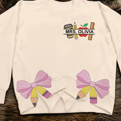 Personalized Teacher Side Bow Embroidered Sweatshirt - Gift Idea For Teacher/Birthday - Custom Name