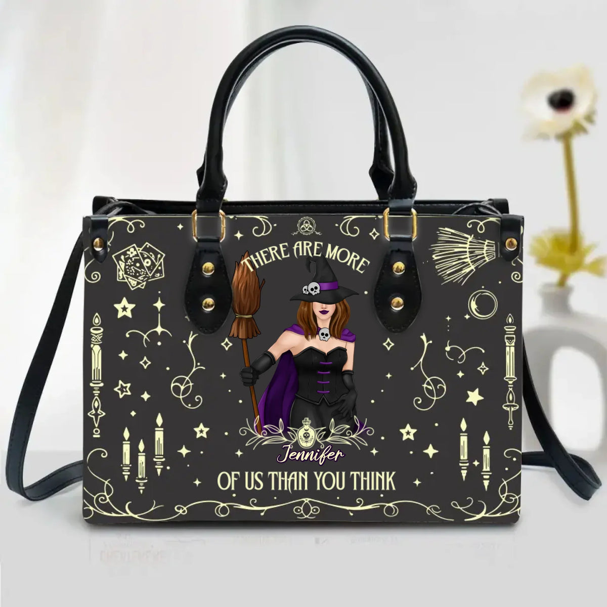 Personalized Witch Leather Handbag with Long Straps - Gift Idea For Witch
