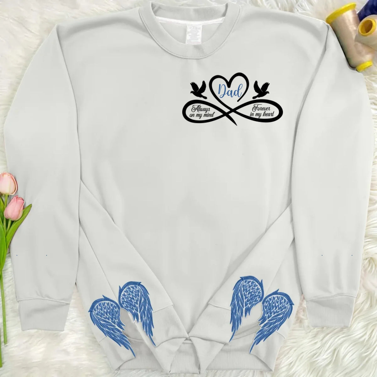 Personalized Memorial Side Bow Split Embroidered Sweatshirt - Always On My Mind Forever In My Heart - Memorial Gift Idea For Loss Of Dad/Mom