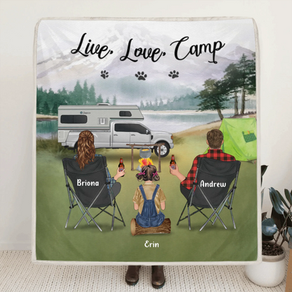 Personalized Camping Fleece Blanket - Parents Up to 3 Kids & 3 Dogs - Gift Idea For The Whole Family - Live, Love, Camp - 341148