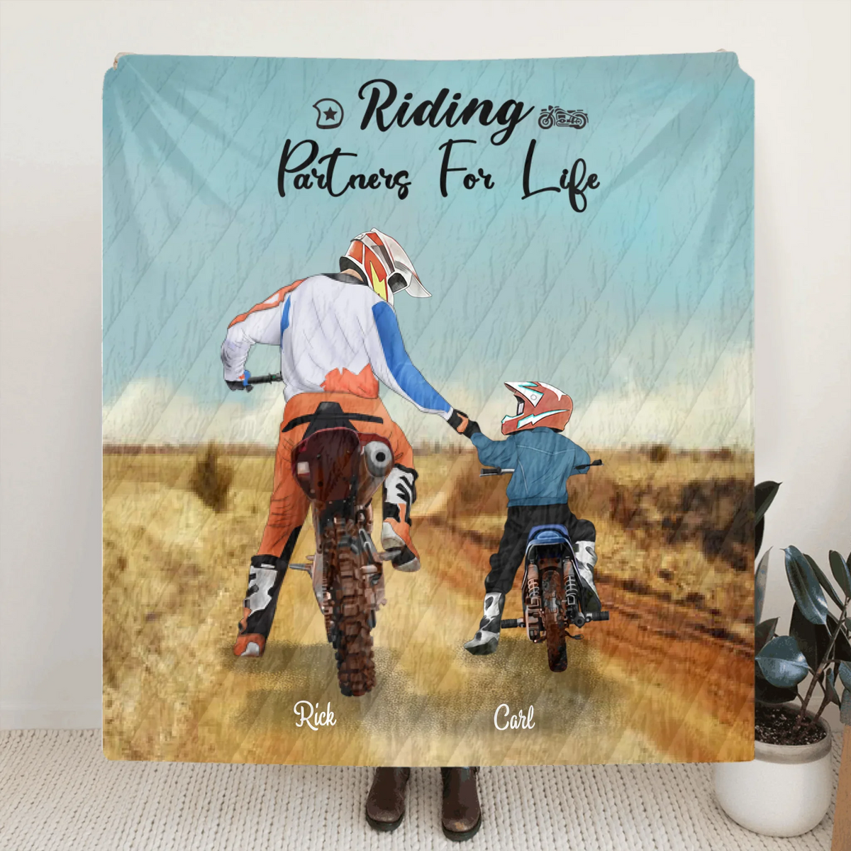 Personalized Riding Quilt/Fleece Blanket- Father and 1 Son, Up to 2 Sons - Best Gift for Bikers - Riding Partners For Life - IAKT4L